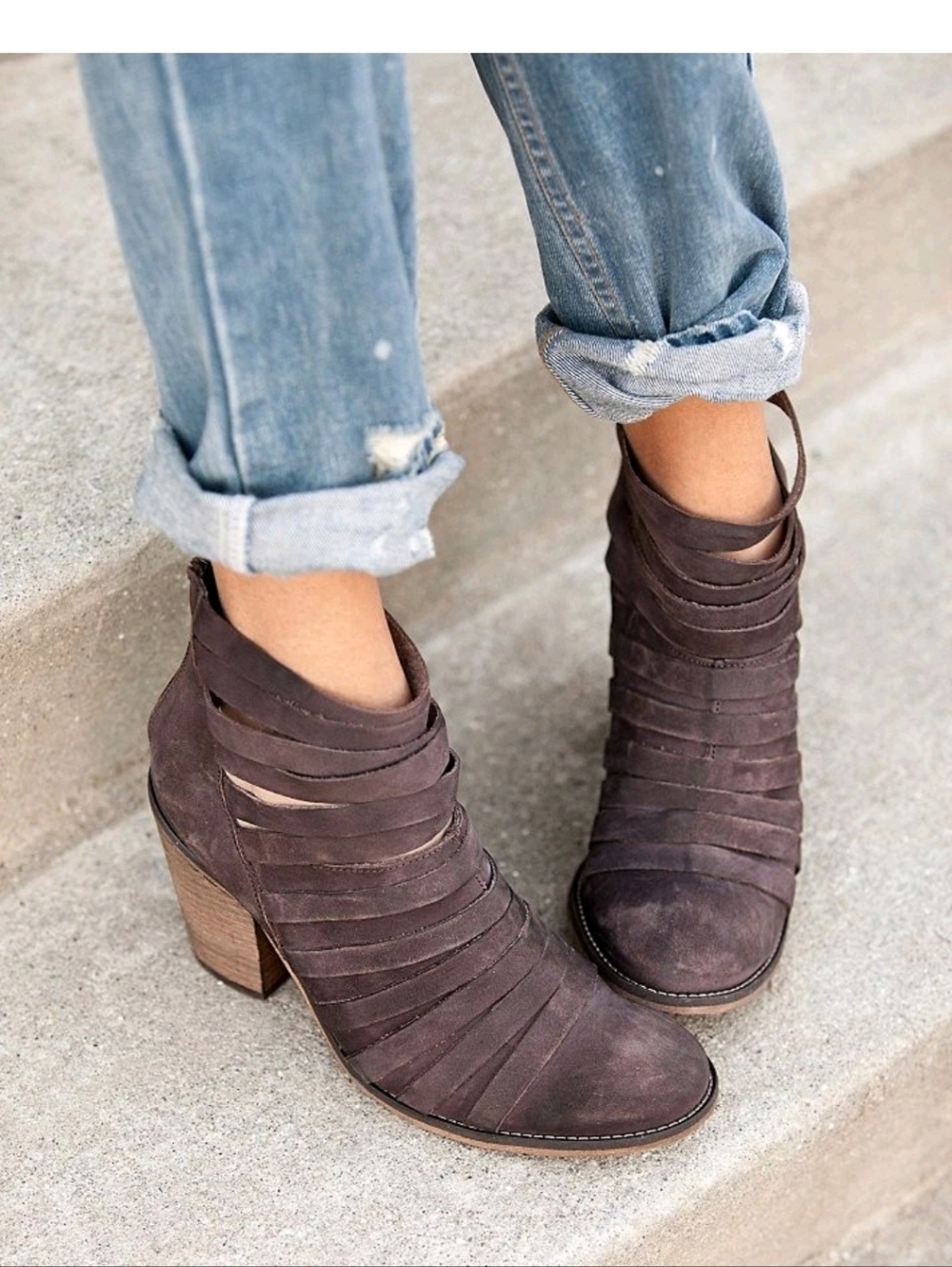 Free People Leather Strappy Booties Size 40 Dark Brown Learher With Stacked Heel - Picture 1 of 10